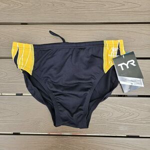 TYR Men Durafast Elite Phoenix Black/gold Drawstring Swim Racer Brief SZ 30 New